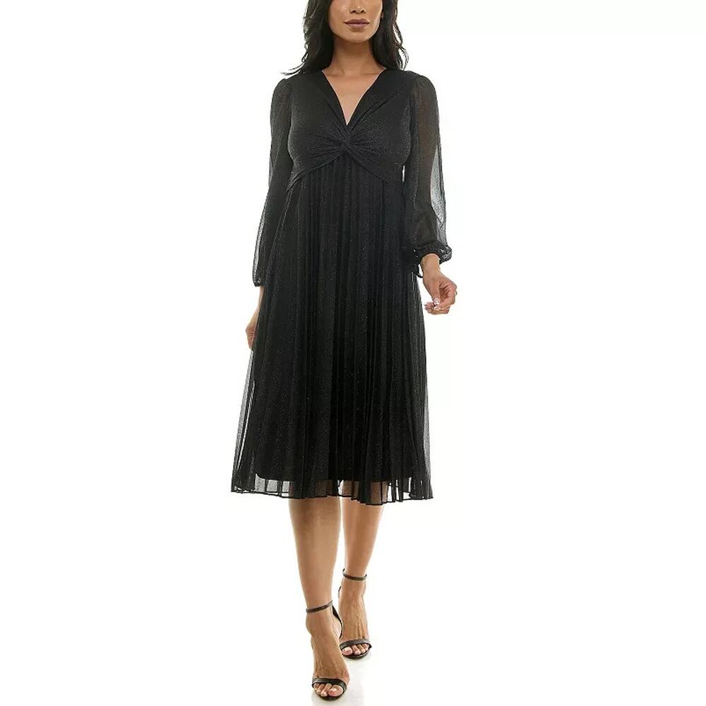 Sparkly Women's Maison Tara V-neck Knot Bodice Pleated Midi Dress Size 8